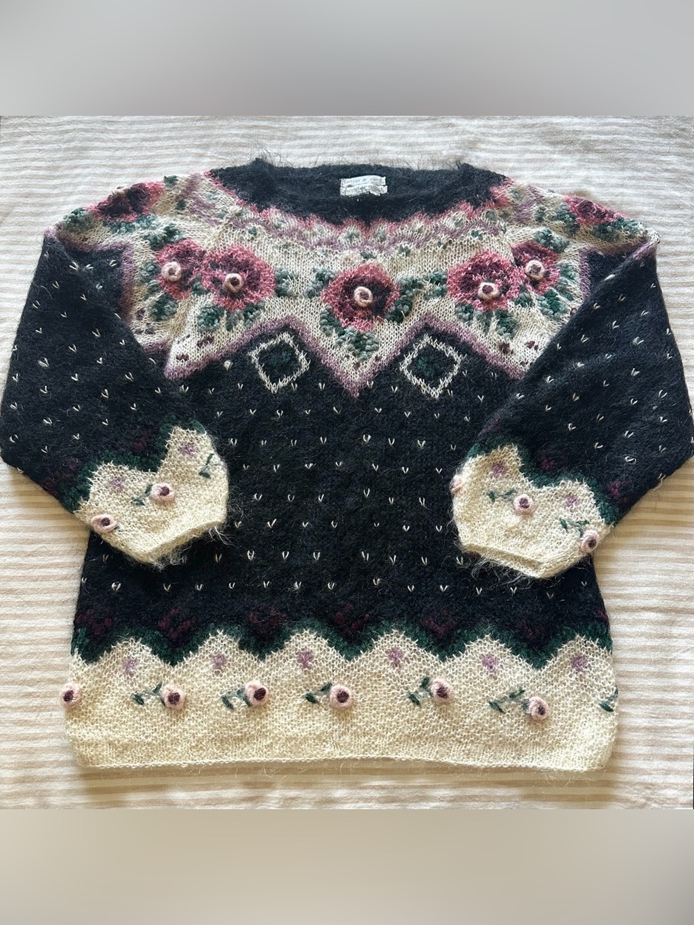 vintage pink & black jennifer reed floral mohair/acrylic sweater / sz med